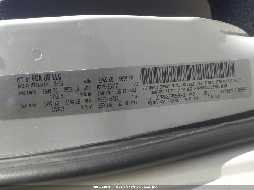 2017 Dodge Grand Caravan Gt VIN: 2C4RDGEG3HR580436 Lot: 39838984