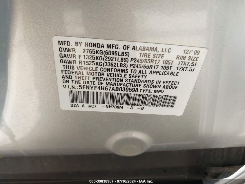 2010 Honda Pilot Exl VIN: 5FNYF4H67AB030598 Lot: 39838987