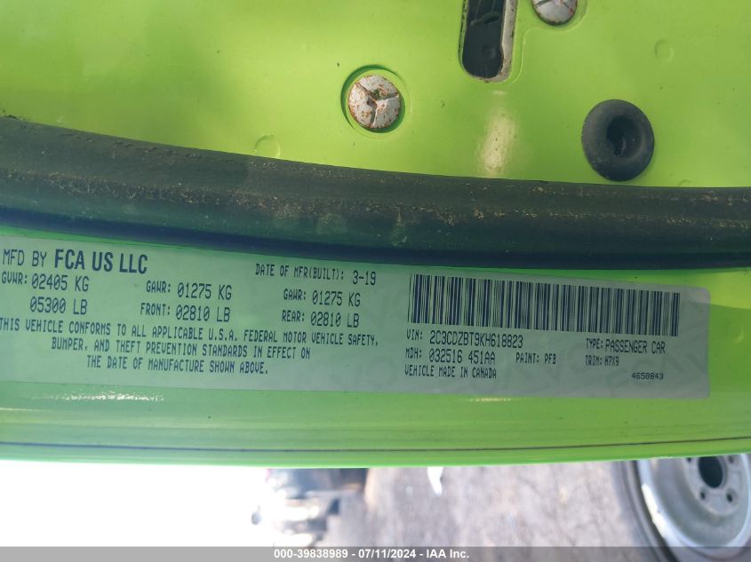 2019 Dodge Challenger R/T VIN: 2C3CDZBT9KH618823 Lot: 39838989