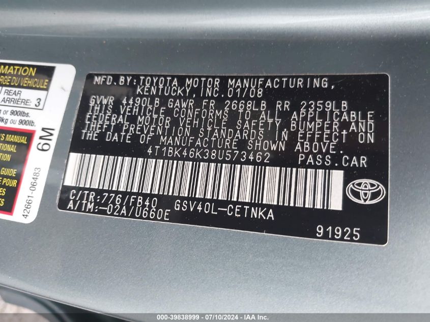 4T1BK46K38U573462 | 2008 TOYOTA CAMRY