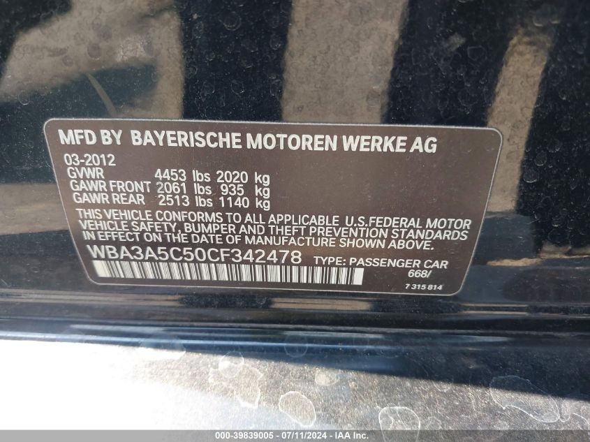 2012 BMW 328I VIN: WBA3A5C50CF342478 Lot: 39839005