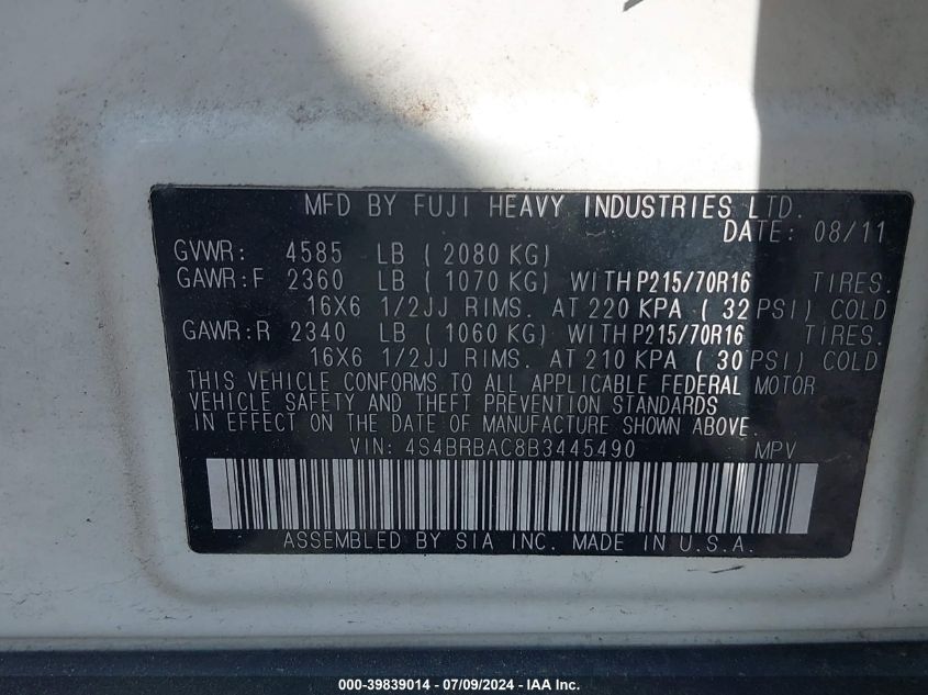 2011 Subaru Outback 2.5I VIN: 4S4BRBAC8B3445490 Lot: 39839014