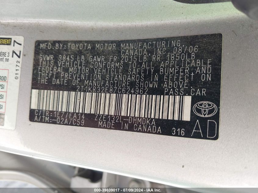 2007 Toyota Matrix VIN: 2T1KR32E87C624962 Lot: 39839017