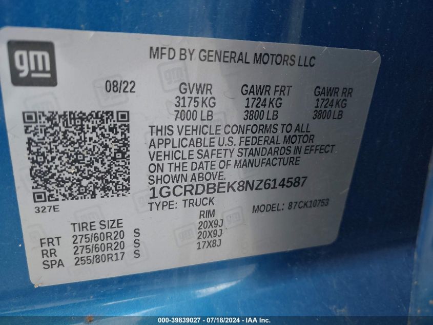 2022 Chevrolet Silverado K1500 Custom VIN: 1GCRDBEK8NZ614587 Lot: 39839027