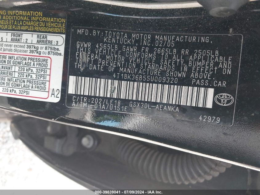 2005 Toyota Avalon Touring VIN: 4T1BK36B55U009320 Lot: 39839041