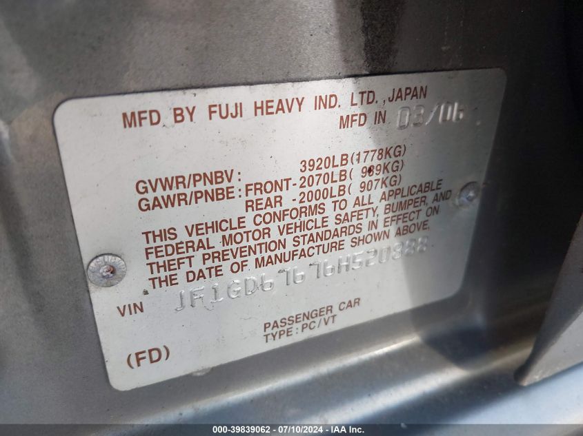 2006 Subaru Impreza 2.5I VIN: JF1GD67676H520888 Lot: 39839062