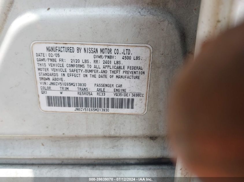 2005 Infiniti G35 VIN: JNKCV51E65M213930 Lot: 39839070