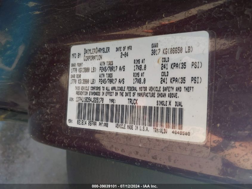 2004 Dodge Ram 1500 Slt/Laramie VIN: 1D7HU18D54J225170 Lot: 39839101