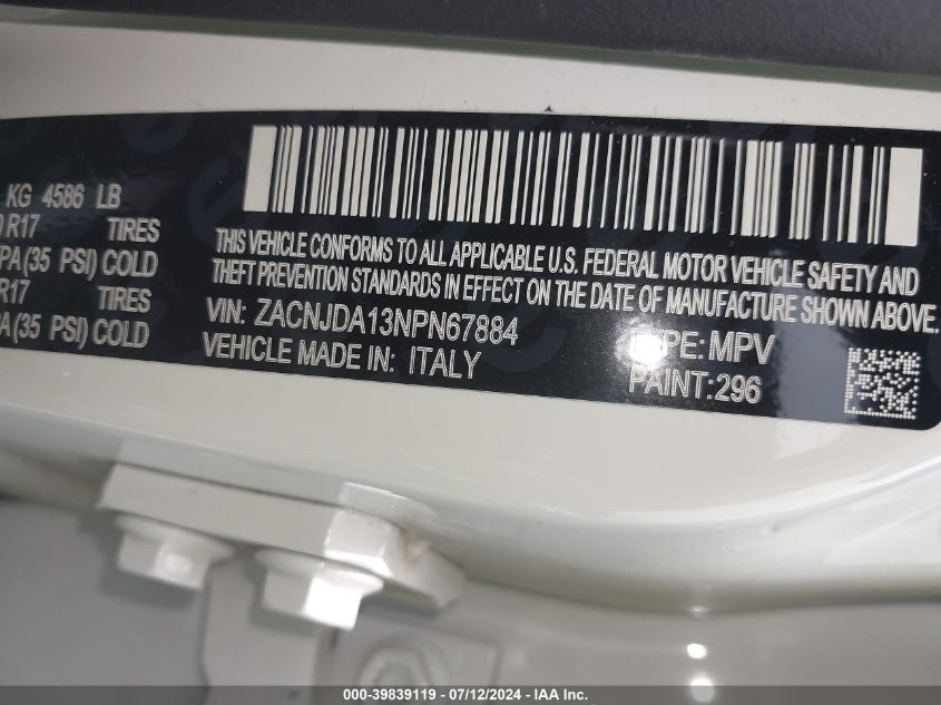 2022 Jeep Renegade Sport 4X4 VIN: ZACNJDA13NPN67884 Lot: 39839119