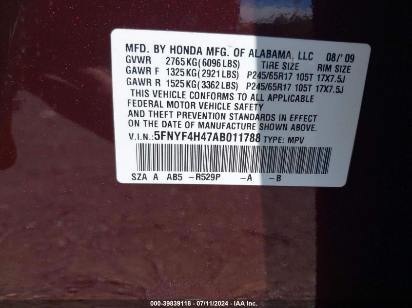 2010 Honda Pilot Ex VIN: 5FNYF4H47AB011788 Lot: 39839118