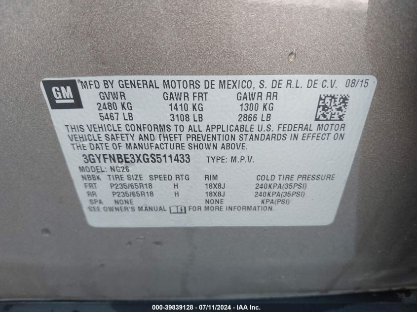 2016 Cadillac Srx Luxury Collection VIN: 3GYFNBE3XGS511433 Lot: 39839128