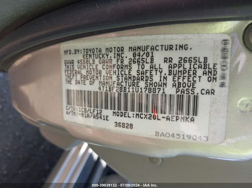 2001 Toyota Avalon Xl VIN: 4T1BF28B11U178871 Lot: 39839132