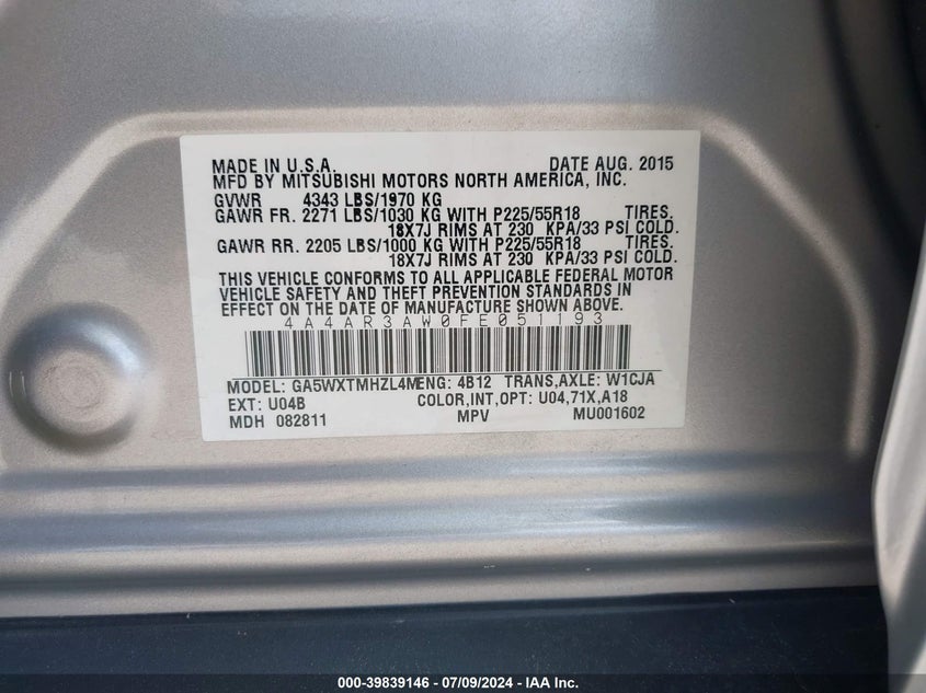 2015 Mitsubishi Outlander Sport Es VIN: 4A4AR3AW0FE051193 Lot: 39839146