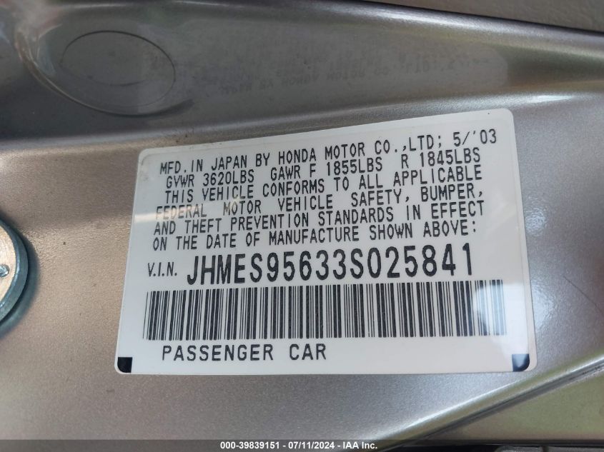 2003 Honda Civic Hybrid VIN: JHMES95633S025841 Lot: 39839151