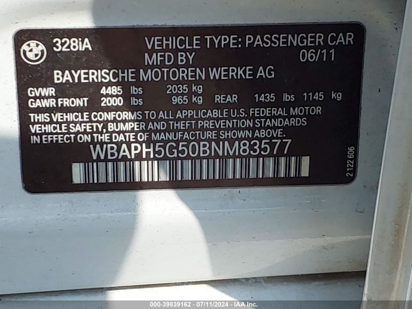 2011 BMW 328I VIN: WBAPH5G50BNM83577 Lot: 39839162