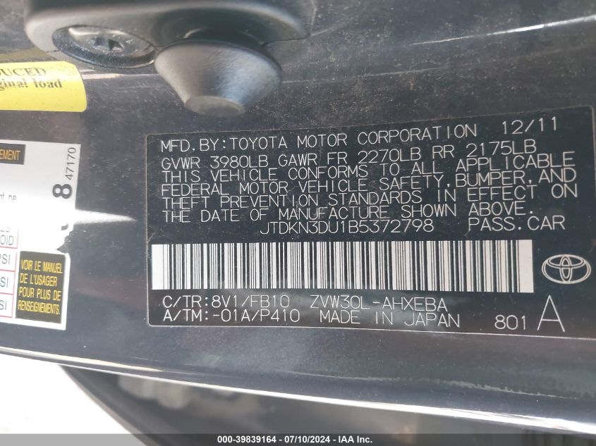 2011 Toyota Prius VIN: JTDKN3DU1B5372798 Lot: 39839164