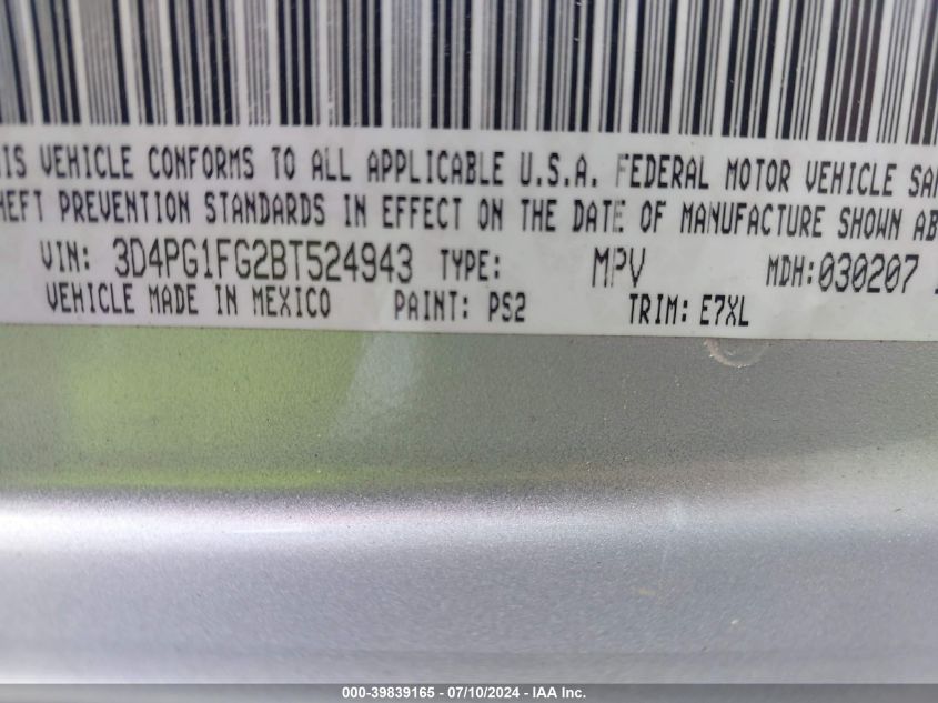 2011 Dodge Journey Mainstreet VIN: 3D4PG1FG2BT524943 Lot: 39839165