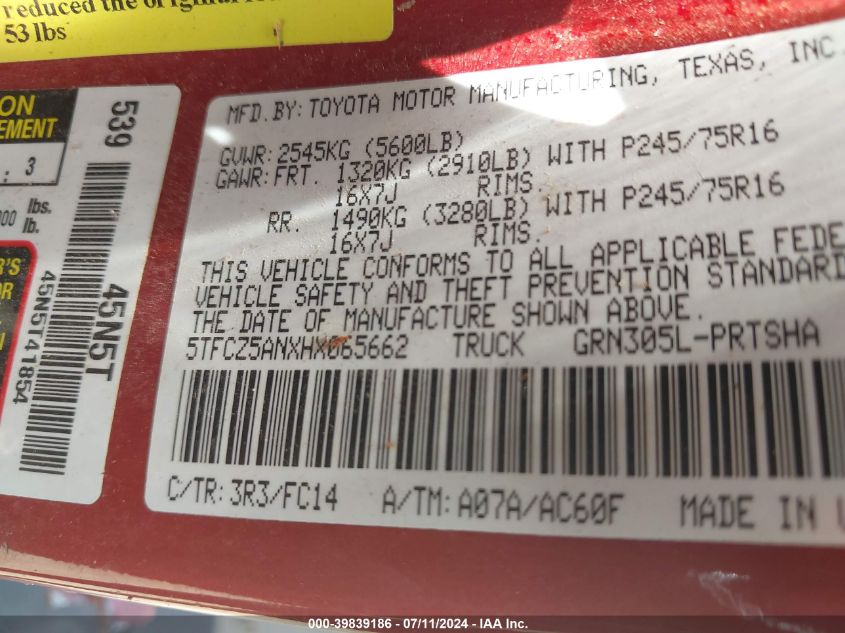 2017 Toyota Tacoma Sr5 V6 VIN: 5TFCZ5ANXHX065662 Lot: 39839186
