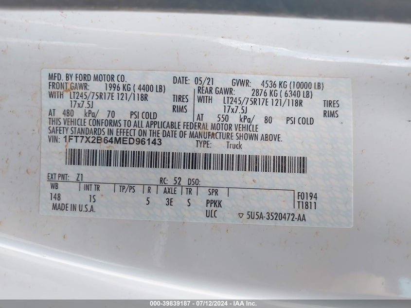 2021 FORD F-250 XL - 1FT7X2B64MED96143