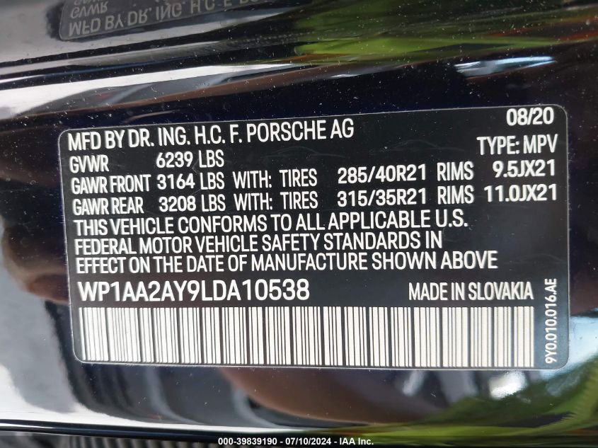 2020 Porsche Cayenne VIN: WP1AA2AY9LDA10538 Lot: 39839190