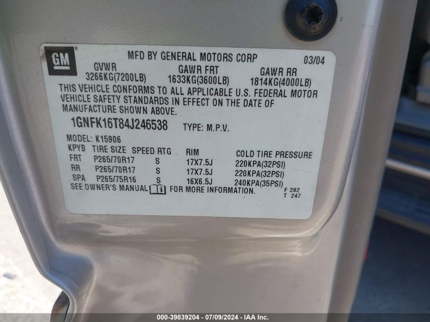 2004 Chevrolet Suburban 1500 Lt VIN: 1GNFK16T84J246538 Lot: 39839204