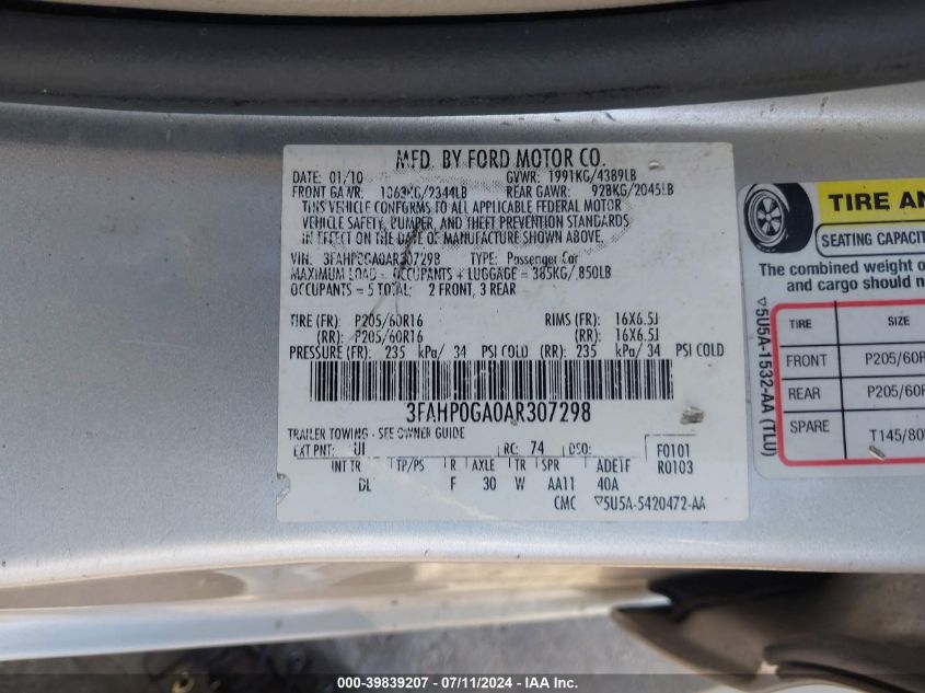 2010 Ford Fusion S VIN: 3FAHP0GA0AR307298 Lot: 39839207