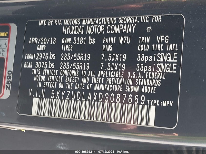 2013 Hyundai Santa Fe Sport 2.0T VIN: 5XYZUDLAXDG087669 Lot: 39839214