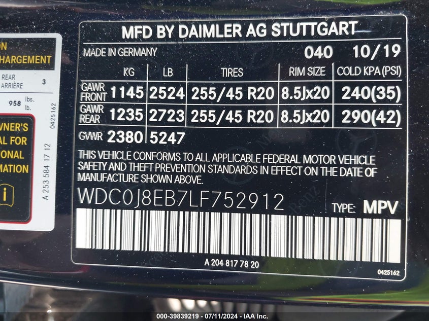 VIN WDC0J8EB7LF752912 2020 MERCEDES-BENZ GLC 300 COUPE 4MATIC