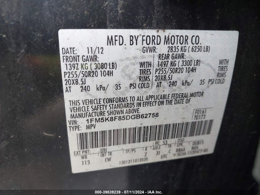 2013 Ford Explorer Limited VIN: 1FM5K8F85DGB62758 Lot: 39839239