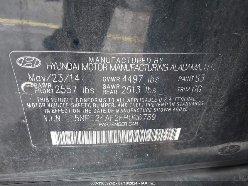 5NPE24AF2FH006789 | 2015 HYUNDAI SONATA