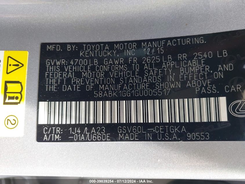 2016 Lexus Es 350 VIN: 58ABK1GG1GU005517 Lot: 39839254