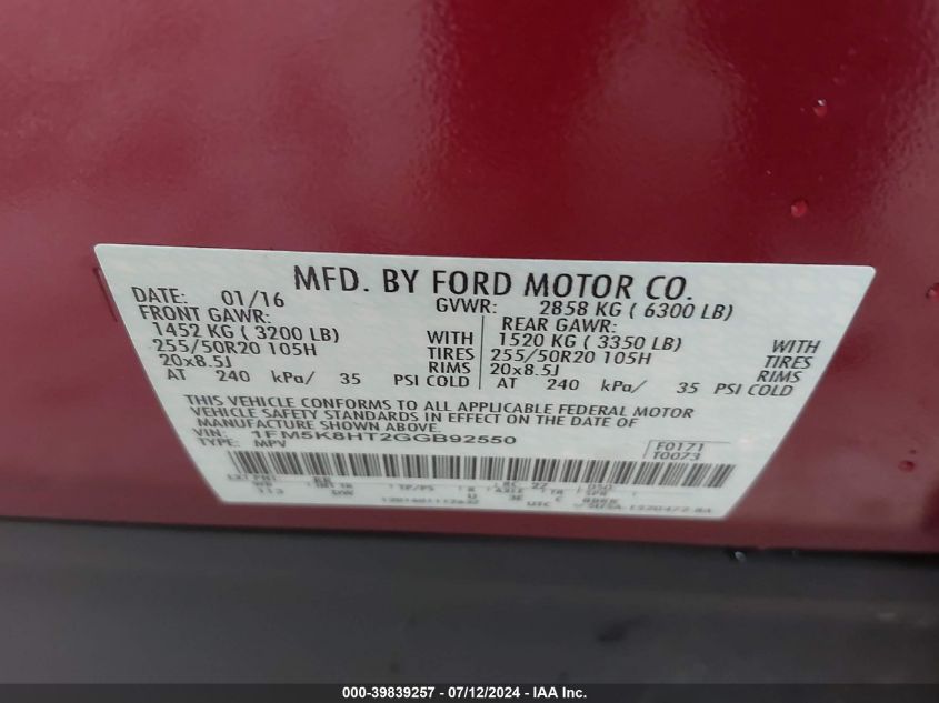 2016 Ford Explorer Platinum VIN: 1FM5K8HT2GGB92550 Lot: 39839257