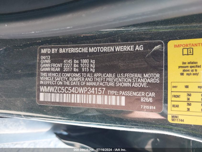 2013 Mini Cooper S Countryman VIN: WMWZC5C54DWP34157 Lot: 39839268