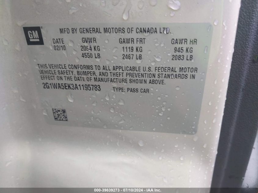 2010 Chevrolet Impala Ls VIN: 2G1WA5EK3A1195783 Lot: 39839273