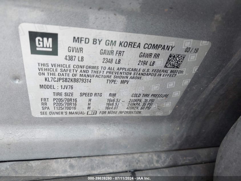 2019 Chevrolet Trax Lt VIN: KL7CJPSB2KB879314 Lot: 39839280