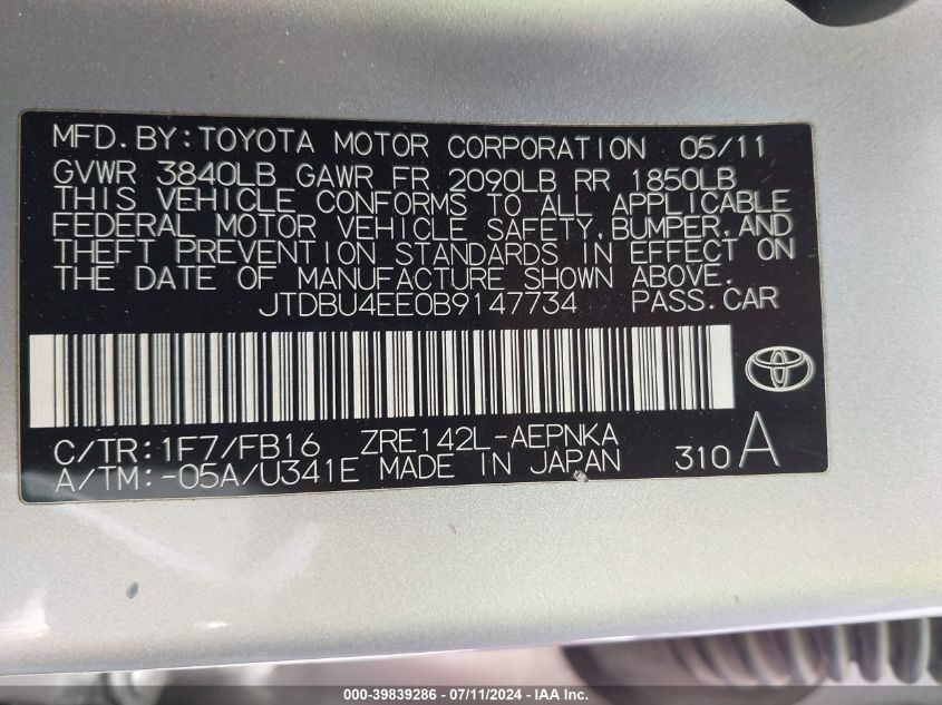 2011 Toyota Corolla Le VIN: JTDBU4EE0B9147734 Lot: 39839286