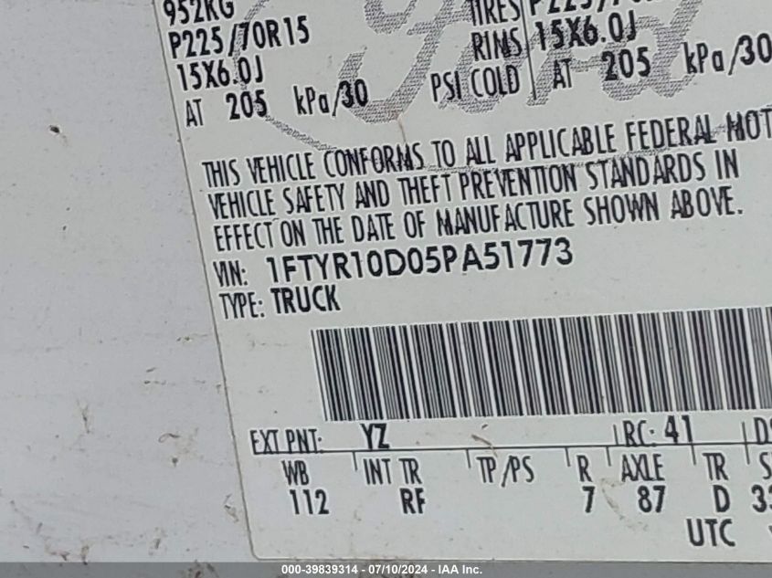 2005 Ford Ranger Xl/Xls/Xlt VIN: 1FTYR10D05PA51773 Lot: 39839314