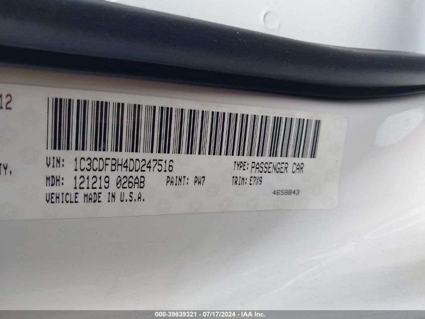 2013 Dodge Dart Sxt VIN: 1C3CDFBH4DD247516 Lot: 39839321