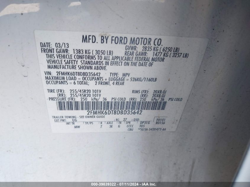 2013 Ford Flex Limited VIN: 2FMHK6DT8DBD35642 Lot: 39839322