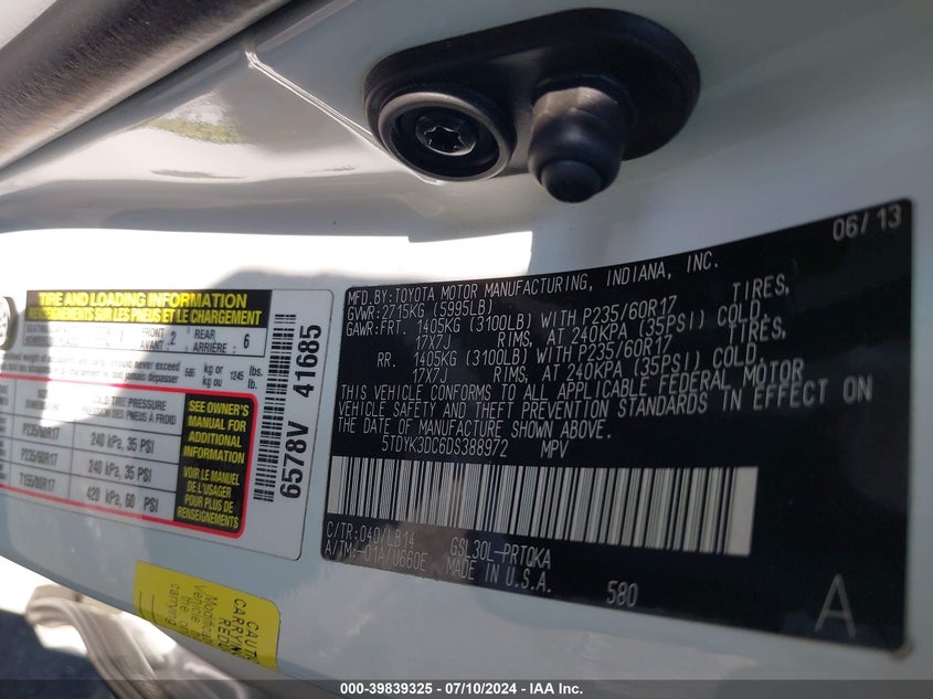 2013 Toyota Sienna Xle V6 8 Passenger VIN: 5TDYK3DC6DS388972 Lot: 39839325