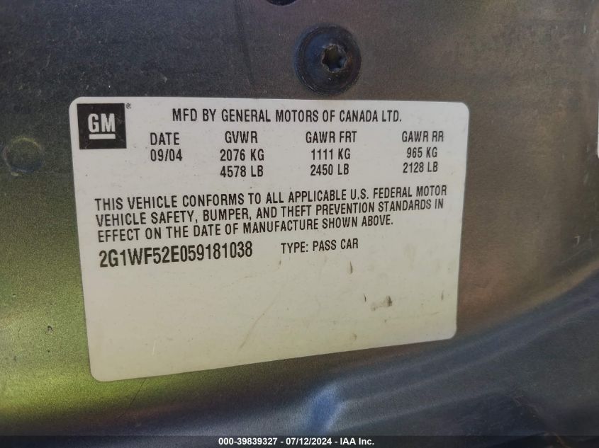 2005 Chevrolet Impala VIN: 2G1WF52E059181038 Lot: 39839327