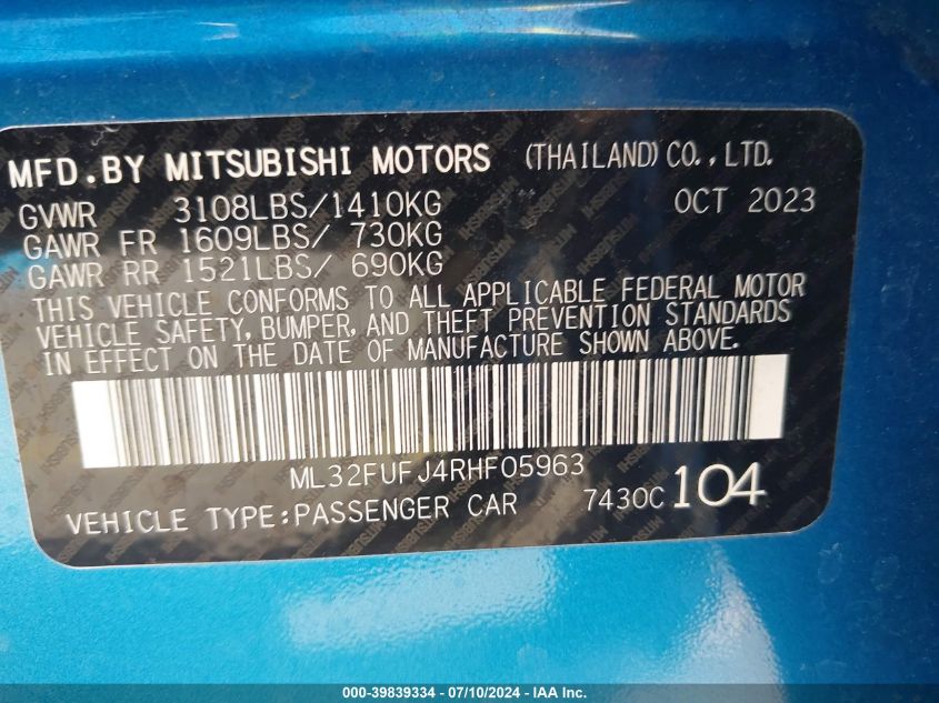 2024 Mitsubishi Mirage G4 Es VIN: ML32FUFJ4RHF05963 Lot: 39839334