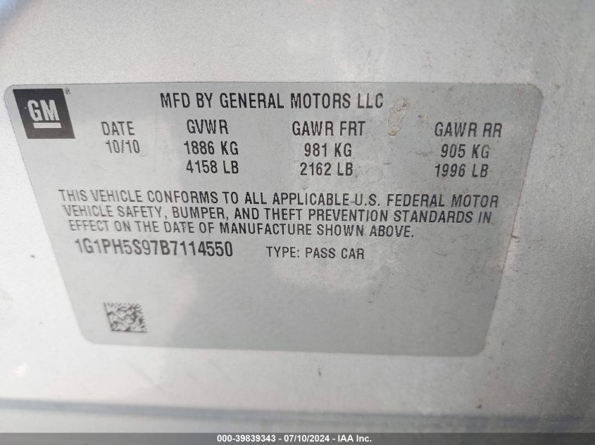 2011 Chevrolet Cruze Ltz VIN: 1G1PH5S97B7114550 Lot: 39839343