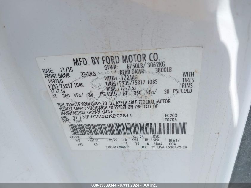 2011 Ford F-150 Xl VIN: 1FTMF1CM5BKD02511 Lot: 39839344