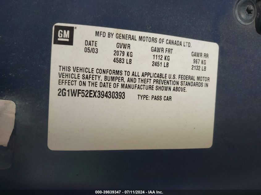 2003 Chevrolet Impala VIN: 2G1WF52EX39430393 Lot: 39839347