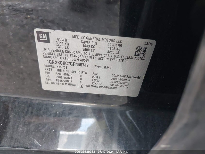 2016 CHEVROLET TAHOE LTZ - 1GNSKCKC7GR456747