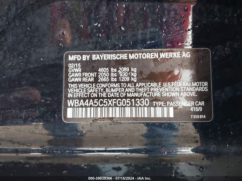 2015 BMW 428 Gran Coupe VIN: WBA4A5C5XFG051330 Lot: 39839366