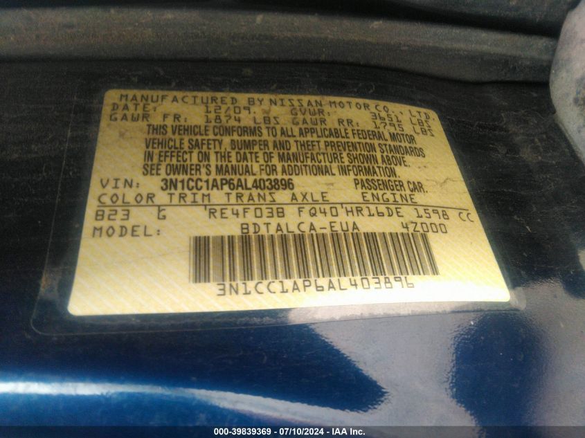 2010 Nissan Versa 1.6 VIN: 3N1CC1AP6AL403896 Lot: 39839369