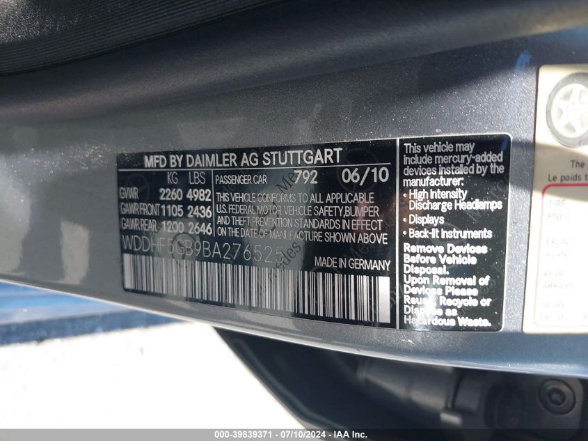 2011 Mercedes-Benz E 350 VIN: WDDHF5GB9BA276525 Lot: 39839371