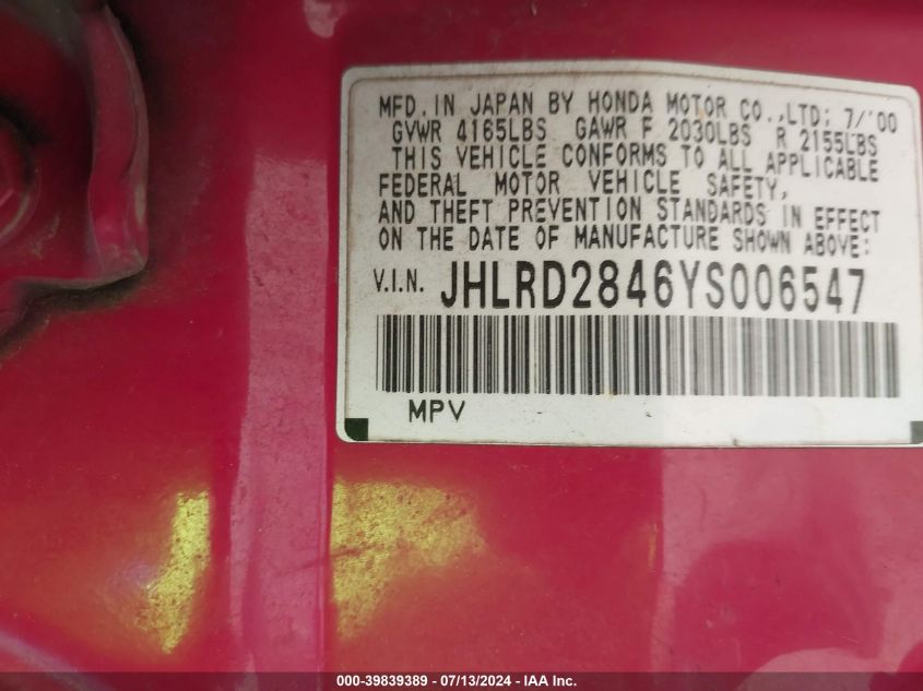 2000 Honda Cr-V Lx VIN: JHLRD2846YS006547 Lot: 39839389
